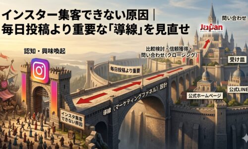 インスタで集客できない原因として、毎日投稿よりも問い合わせにつながる導線設計が重要だと表した画像