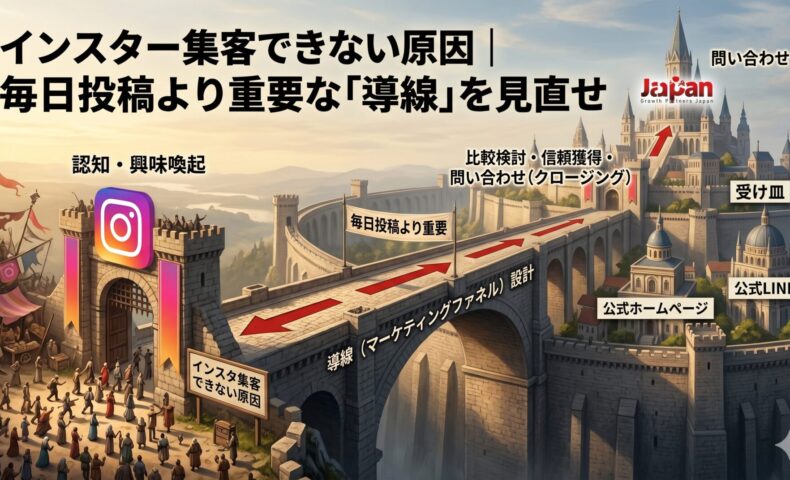 インスタで集客できない原因として、毎日投稿よりも問い合わせにつながる導線設計が重要だと表した画像