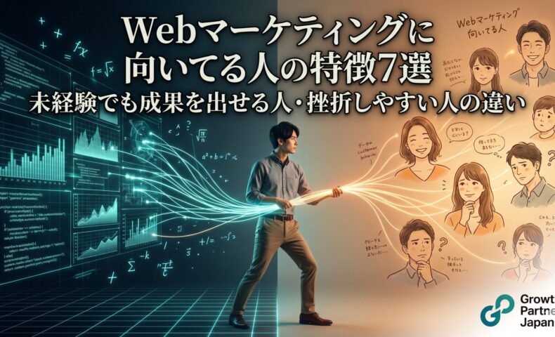 Webマーケティングに向いてる人の特徴を、データ分析と顧客心理の理解、未経験でも成果を出せる人と挫折しやすい人の違いで示したアイキャッチ画像