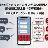 LINE公式アカウントの反応がない原因と、配信前に整えるべき導線設計を解説したアイキャッチ画像。売り込み配信、登録直後の放置、出口不足の課題と、ステップ配信・リッチメニュー・相談導線の改善策を示している。