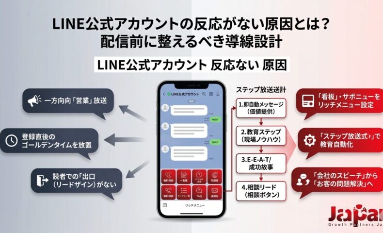 LINE公式アカウントの反応がない原因と、配信前に整えるべき導線設計を解説したアイキャッチ画像。売り込み配信、登録直後の放置、出口不足の課題と、ステップ配信・リッチメニュー・相談導線の改善策を示している。