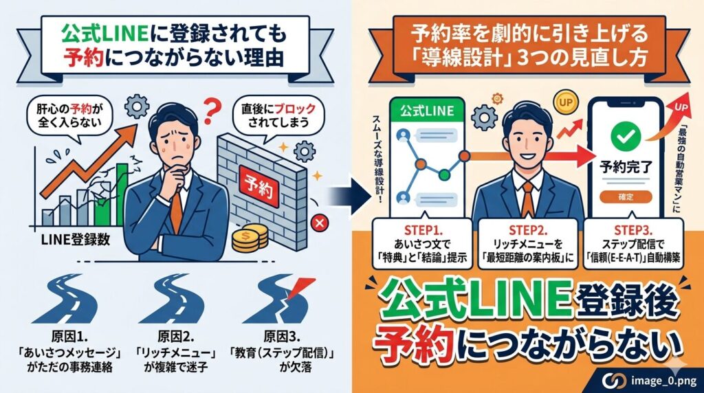 公式LINE登録後に予約につながらない原因と、あいさつ文・リッチメニュー・ステップ配信による導線改善策を図解したアイキャッチ画像