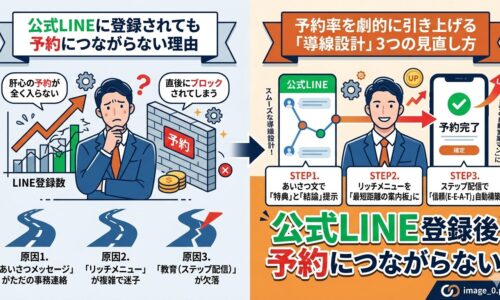 公式LINE登録後に予約につながらない原因と、あいさつ文・リッチメニュー・ステップ配信による導線改善策を図解したアイキャッチ画像