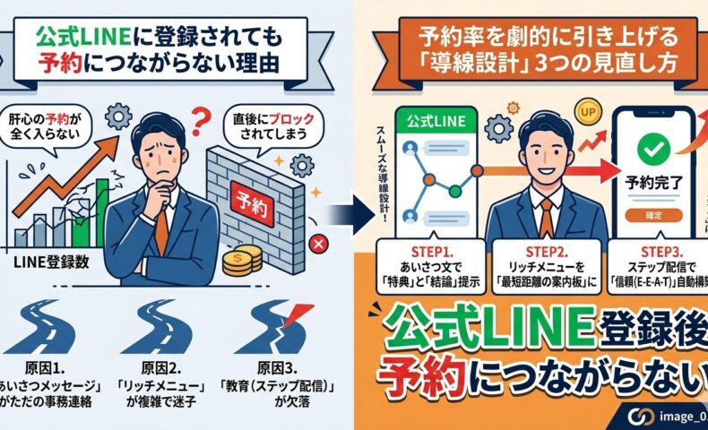 公式LINE登録後に予約につながらない原因と、あいさつ文・リッチメニュー・ステップ配信による導線改善策を図解したアイキャッチ画像