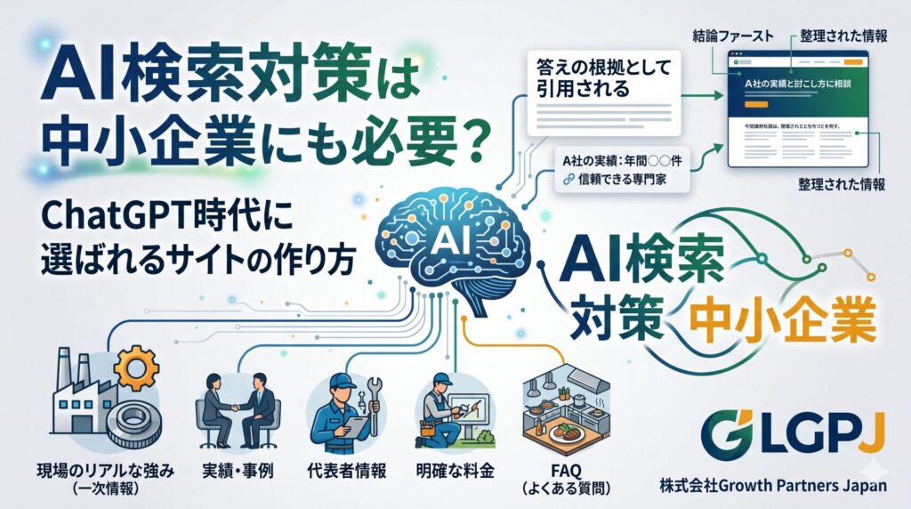 AI検索対策が中小企業にも必要な理由を、一次情報・実績・代表者情報・料金・FAQの整備とともに図解したアイキャッチ画像