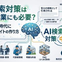 AI検索対策が中小企業にも必要な理由を、一次情報・実績・代表者情報・料金・FAQの整備とともに図解したアイキャッチ画像
