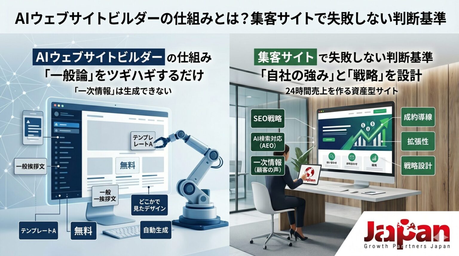 AIウェブサイトビルダーの仕組みと集客サイトで失敗しない判断基準を解説したアイキャッチ画像。一般論を自動生成するAIビルダーと、SEO戦略・AI検索対応・一次情報・成約導線を設計した集客サイトを比較している。