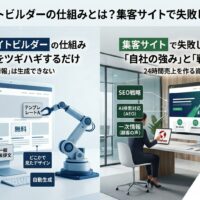 AIウェブサイトビルダーの仕組みと集客サイトで失敗しない判断基準を解説したアイキャッチ画像。一般論を自動生成するAIビルダーと、SEO戦略・AI検索対応・一次情報・成約導線を設計した集客サイトを比較している。