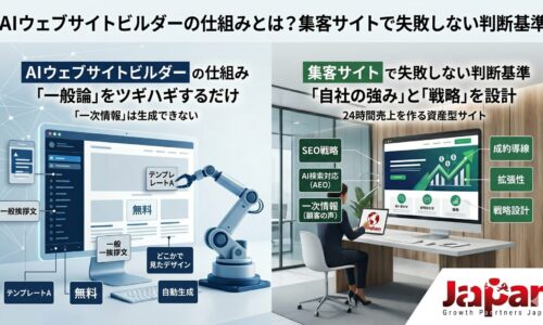 AIウェブサイトビルダーの仕組みと集客サイトで失敗しない判断基準を解説したアイキャッチ画像。一般論を自動生成するAIビルダーと、SEO戦略・AI検索対応・一次情報・成約導線を設計した集客サイトを比較している。