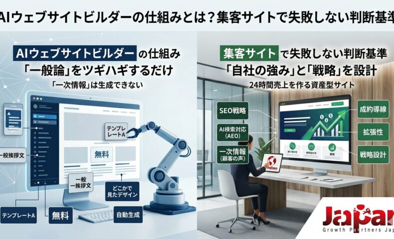 AIウェブサイトビルダーの仕組みと集客サイトで失敗しない判断基準を解説したアイキャッチ画像。一般論を自動生成するAIビルダーと、SEO戦略・AI検索対応・一次情報・成約導線を設計した集客サイトを比較している。