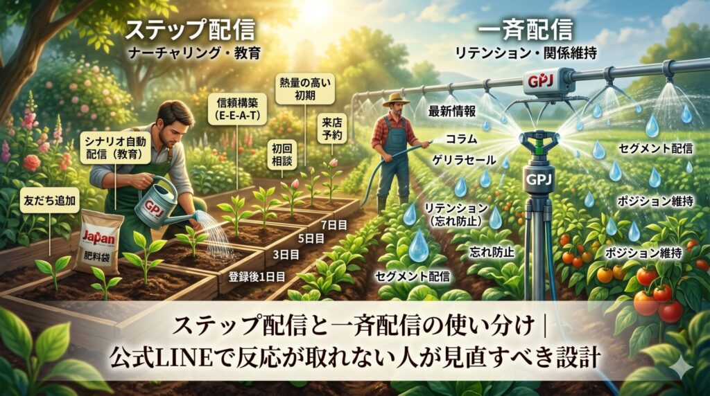 ステップ配信と一斉配信の使い分けを、公式LINEで信頼構築から関係維持まで設計する流れとして表した画像