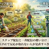 ステップ配信と一斉配信の使い分けを、公式LINEで信頼構築から関係維持まで設計する流れとして表した画像