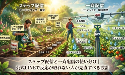 ステップ配信と一斉配信の使い分けを、公式LINEで信頼構築から関係維持まで設計する流れとして表した画像