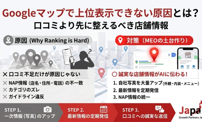 Googleマップで上位表示できない原因と、口コミより先に整えるべき店舗情報・NAP統一・写真投稿・最新情報発信を図解した画像
