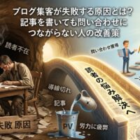 ブログ集客が失敗する原因として、日記や一般論の記事、読者不在、導線切れを改善し、問い合わせにつなげる流れを表した画像