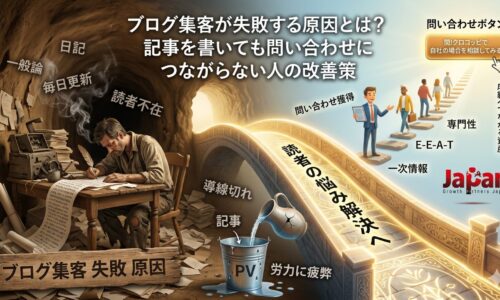 ブログ集客が失敗する原因として、日記や一般論の記事、読者不在、導線切れを改善し、問い合わせにつなげる流れを表した画像