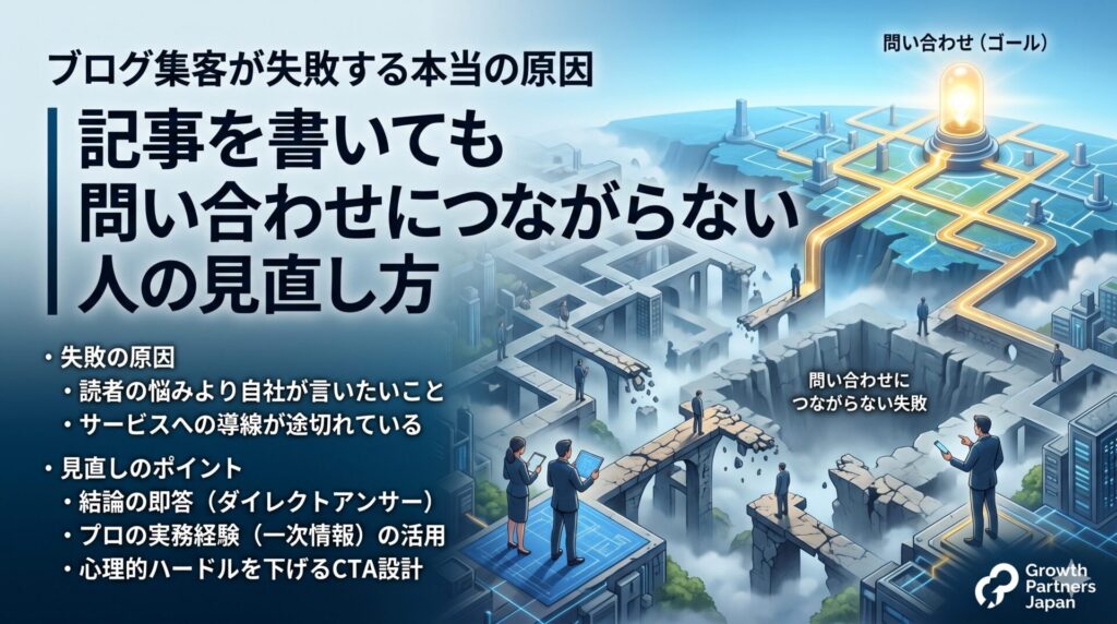 ブログ集客が失敗して問い合わせにつながらない原因を、読者ニーズとのズレや導線切れ、CTA設計不足などの見直しポイントとともに示したアイキャッチ画像