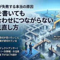 ブログ集客が失敗して問い合わせにつながらない原因を、読者ニーズとのズレや導線切れ、CTA設計不足などの見直しポイントとともに示したアイキャッチ画像