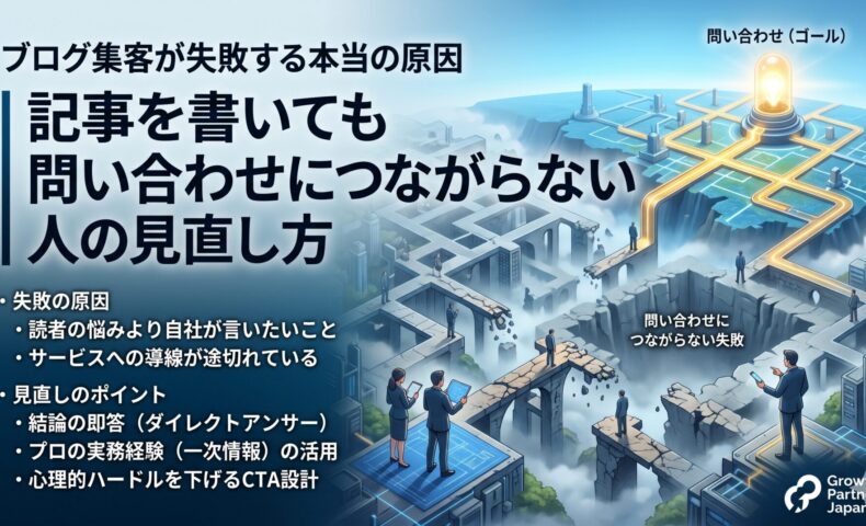 ブログ集客が失敗して問い合わせにつながらない原因を、読者ニーズとのズレや導線切れ、CTA設計不足などの見直しポイントとともに示したアイキャッチ画像
