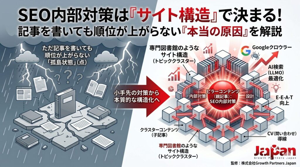 SEO内部対策はサイト構造で決まることを示し、記事の孤立化・内部リンク・トピッククラスター・CV導線を図解した画像