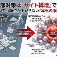 SEO内部対策はサイト構造で決まることを示し、記事の孤立化・内部リンク・トピッククラスター・CV導線を図解した画像