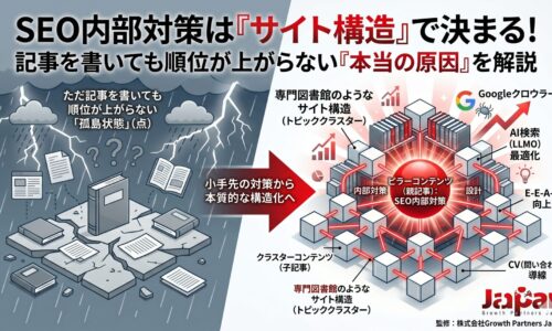 SEO内部対策はサイト構造で決まることを示し、記事の孤立化・内部リンク・トピッククラスター・CV導線を図解した画像