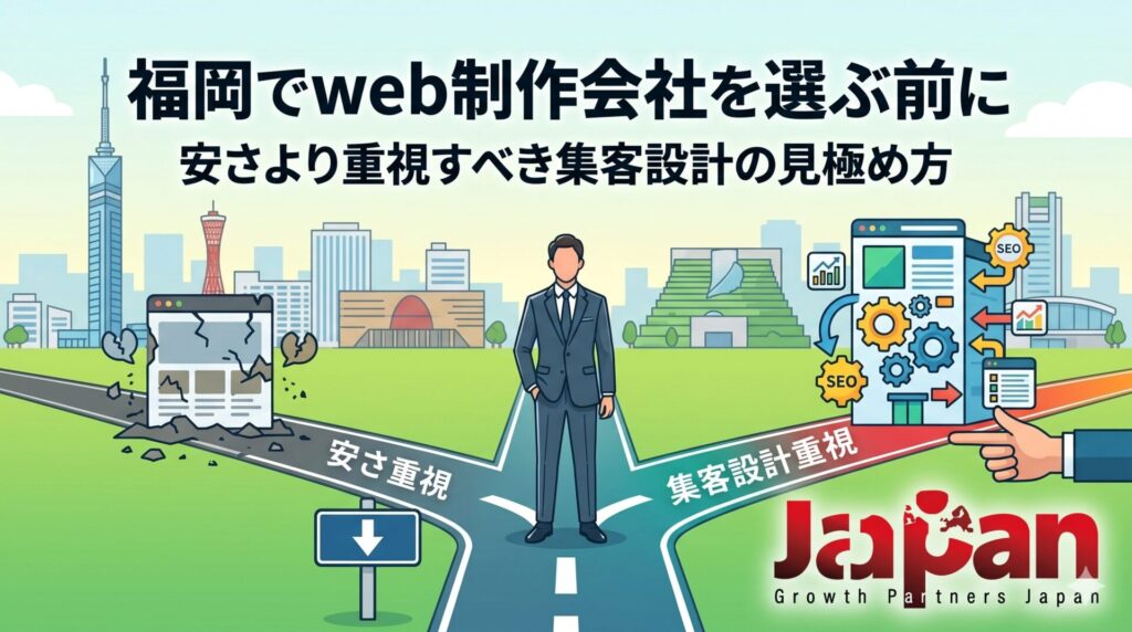 福岡でweb制作会社を選ぶ際に、安さ重視ではなく集客設計を見極める重要性を図解したアイキャッチ画像