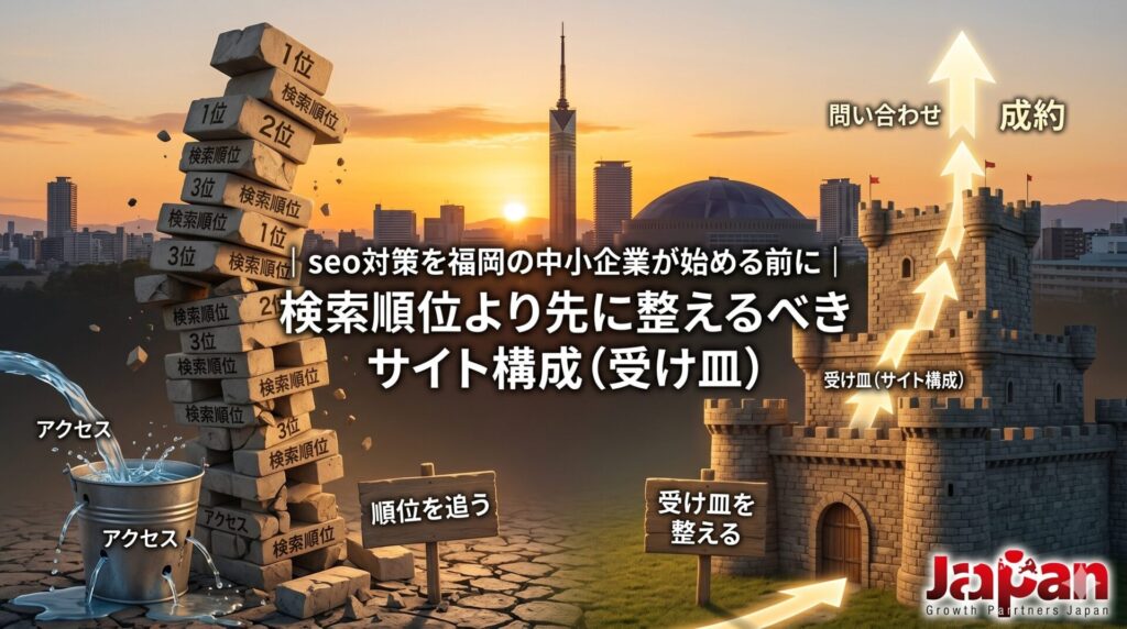 seo対策を福岡の中小企業が始める前に、検索順位だけを追う危険性と問い合わせにつながるサイト構成の重要性を表した画像