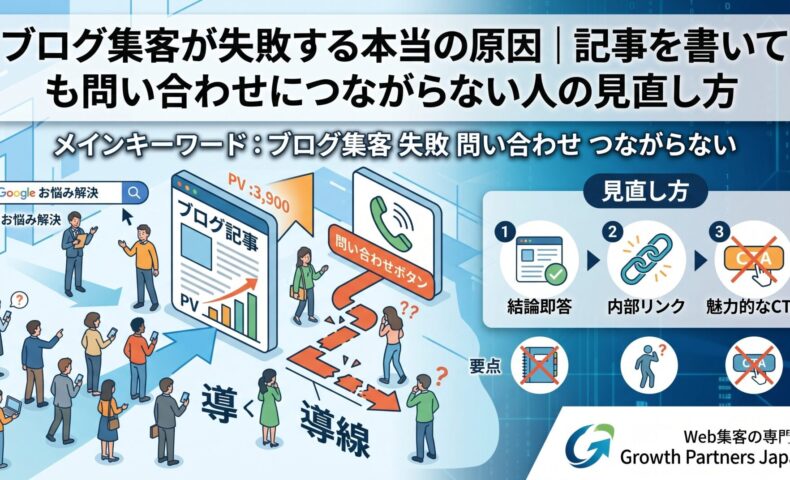 ブログ集客が失敗する原因を解説するアイキャッチ画像。記事を書いても問い合わせにつながらない理由として、導線不足やCTA設計の問題を示している。