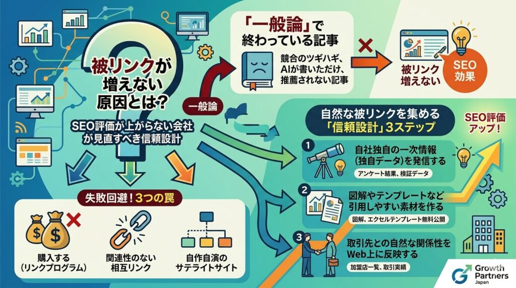被リンクが増えない原因とSEO効果が上がらない理由を、一般論の記事や不自然なリンク施策ではなく、一次情報と信頼設計で改善する流れとして示したアイキャッチ画像