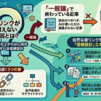 被リンクが増えない原因とSEO効果が上がらない理由を、一般論の記事や不自然なリンク施策ではなく、一次情報と信頼設計で改善する流れとして示したアイキャッチ画像