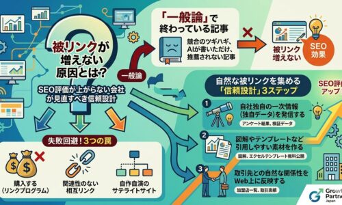 被リンクが増えない原因とSEO効果が上がらない理由を、一般論の記事や不自然なリンク施策ではなく、一次情報と信頼設計で改善する流れとして示したアイキャッチ画像