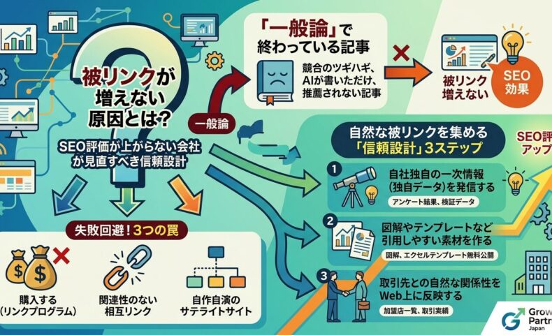 被リンクが増えない原因とSEO効果が上がらない理由を、一般論の記事や不自然なリンク施策ではなく、一次情報と信頼設計で改善する流れとして示したアイキャッチ画像