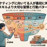 Webマーケティングに向いてる人が最初に伸びる理由を、マーケティングファネル・顧客への想像力・PDCA・リサーチ習慣・AI活用の観点から図解したアイキャッチ画像