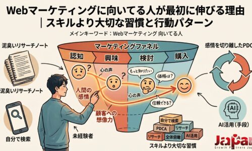 Webマーケティングに向いてる人が最初に伸びる理由を、マーケティングファネル・顧客への想像力・PDCA・リサーチ習慣・AI活用の観点から図解したアイキャッチ画像