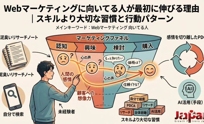 Webマーケティングに向いてる人が最初に伸びる理由を、マーケティングファネル・顧客への想像力・PDCA・リサーチ習慣・AI活用の観点から図解したアイキャッチ画像
