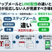 ステップメールとLINE配信の違いを比較し、登録者が反応しない原因と導線設計の改善ステップを図解したアイキャッチ画像