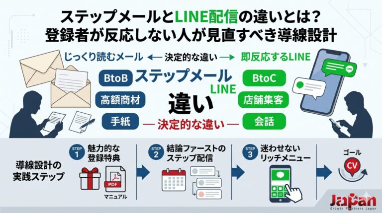 ステップメールとLINE配信の違いを比較し、登録者が反応しない原因と導線設計の改善ステップを図解したアイキャッチ画像