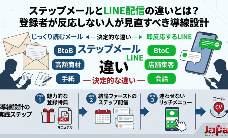 ステップメールとLINE配信の違いを比較し、登録者が反応しない原因と導線設計の改善ステップを図解したアイキャッチ画像