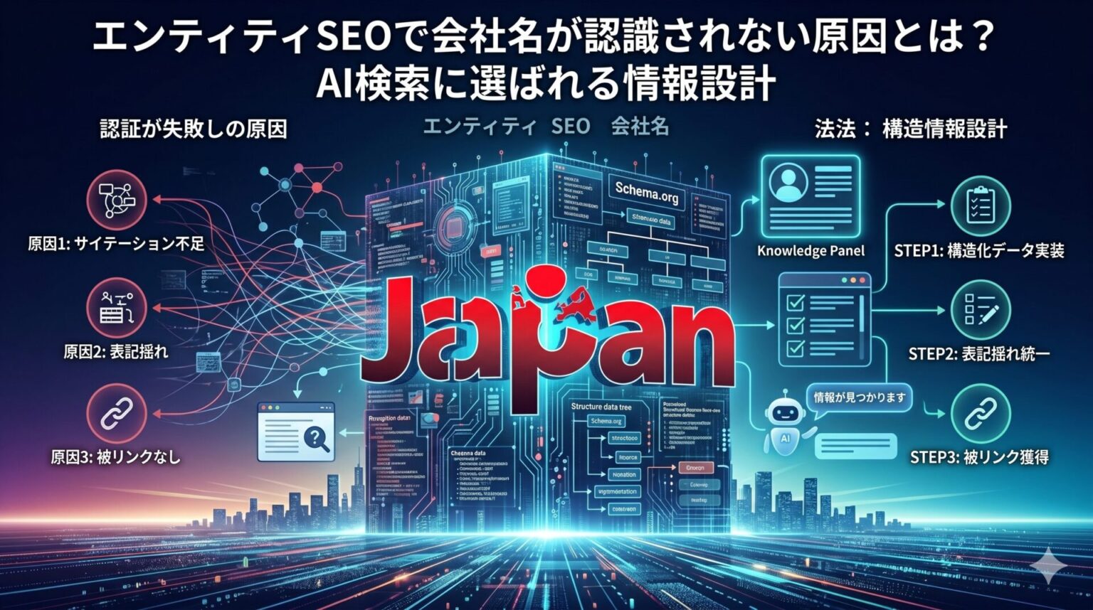 エンティティSEOで会社名が認識されない原因と、AI検索に選ばれるための構造化データ・表記統一・被リンク対策を図解した画像