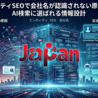 エンティティSEOで会社名が認識されない原因と、AI検索に選ばれるための構造化データ・表記統一・被リンク対策を図解した画像