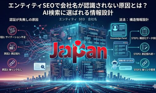 エンティティSEOで会社名が認識されない原因と、AI検索に選ばれるための構造化データ・表記統一・被リンク対策を図解した画像