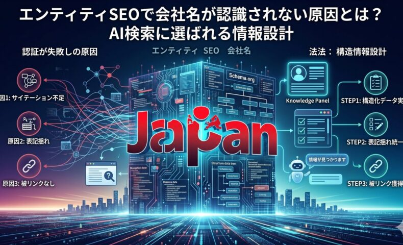 エンティティSEOで会社名が認識されない原因と、AI検索に選ばれるための構造化データ・表記統一・被リンク対策を図解した画像