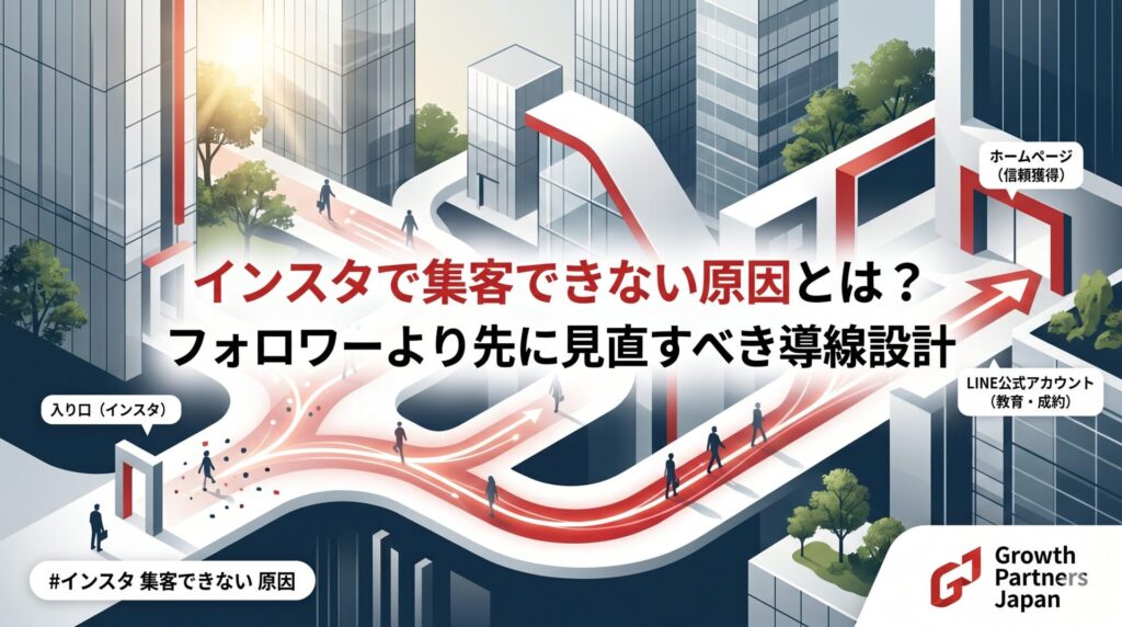 インスタで集客できない原因と、フォロワー数より先に見直すべき導線設計を解説したアイキャッチ画像。インスタを入り口に、ホームページで信頼獲得し、LINE公式アカウントで教育・成約へつなぐ流れを図解している。