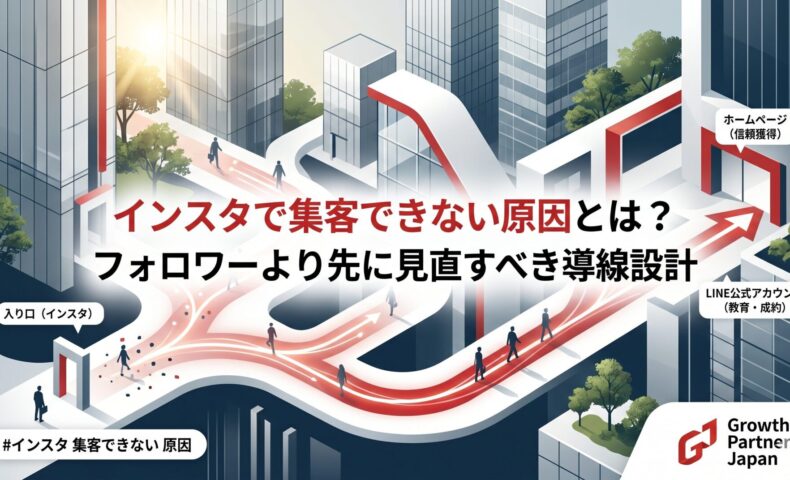 インスタで集客できない原因と、フォロワー数より先に見直すべき導線設計を解説したアイキャッチ画像。インスタを入り口に、ホームページで信頼獲得し、LINE公式アカウントで教育・成約へつなぐ流れを図解している。