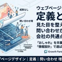ウェブページデザインの定義を、表面的な装飾ではなく情報設計やCV導線として解説し、問い合わせが増えない原因を示したアイキャッチ画像