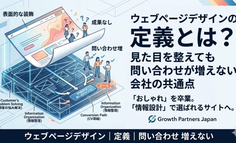 ウェブページデザインの定義を、表面的な装飾ではなく情報設計やCV導線として解説し、問い合わせが増えない原因を示したアイキャッチ画像