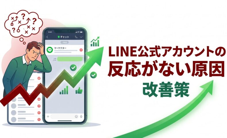 LINE公式アカウントの反応がない原因と改善策を、配信内容の見直しや導線設計、売上につながる運用改善の視点で表したアイキャッチ画像