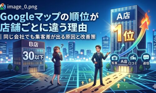 Googleマップの順位が店舗ごとに違う理由を、A店とB店の集客差、写真・口コミ・返信運用の違いで図解したアイキャッチ画像
