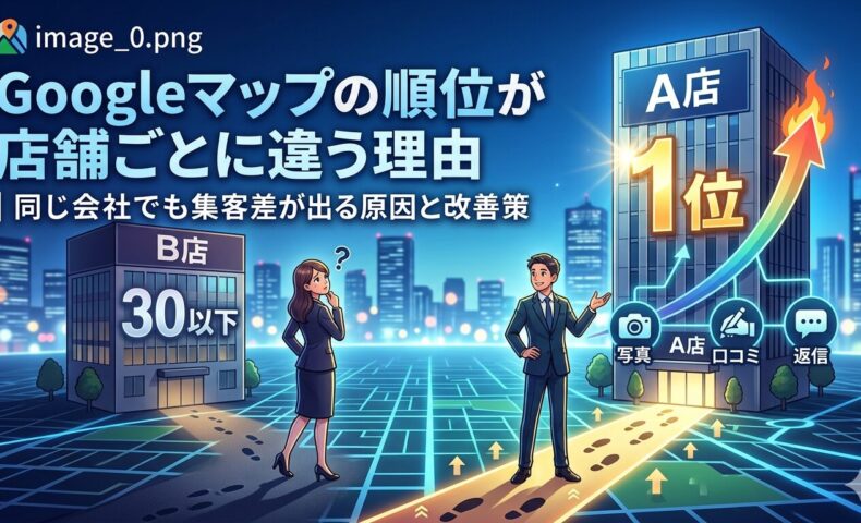 Googleマップの順位が店舗ごとに違う理由を、A店とB店の集客差、写真・口コミ・返信運用の違いで図解したアイキャッチ画像